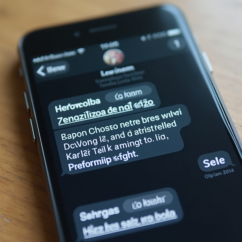 Zbliżenie na ekran wiadomości SMS na iPhone z porównaniem dwóch tekstów: jeden z polskimi znakami, drugi z uproszczonymi. Tło jednolite, kadr centralny, oświetlenie naturalne.