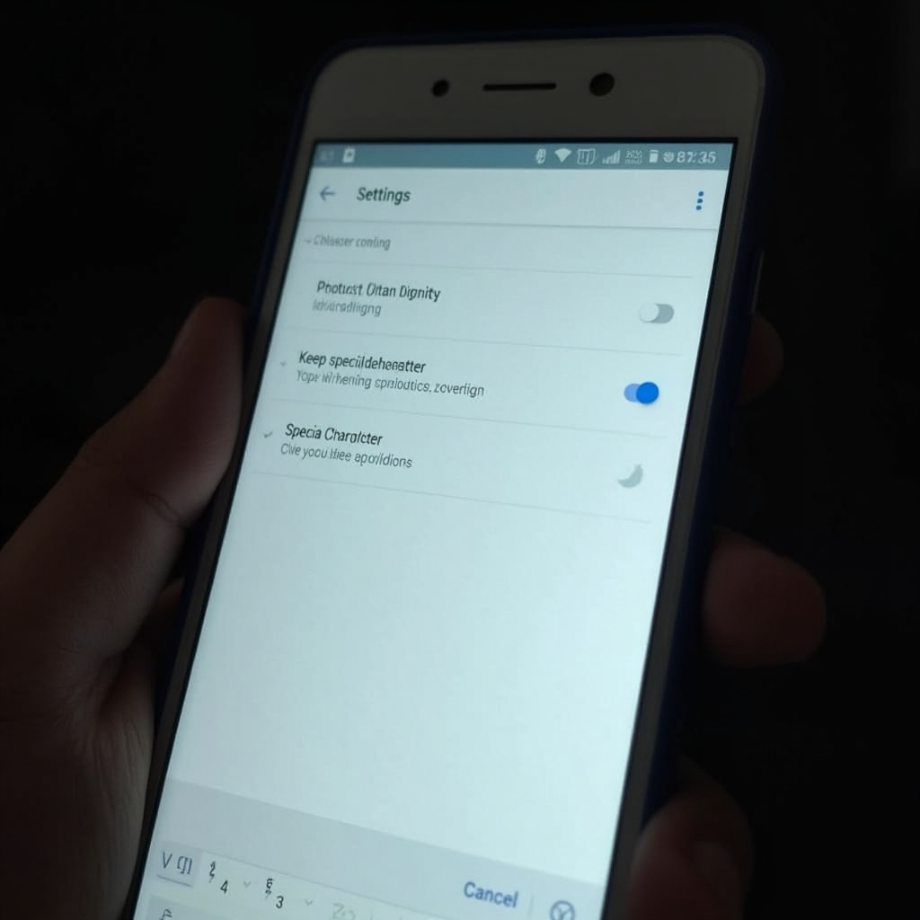 Zbliżenie na aplikację Textra SMS na ekranie smartfona Oppo, prezentująca ustawienia dotyczące kodowania znaków — opcja 'zachowaj znaki specjalne' widoczna na ekranie, urządzenie sfotografowane na ciemnym tle bez obecności dłoni