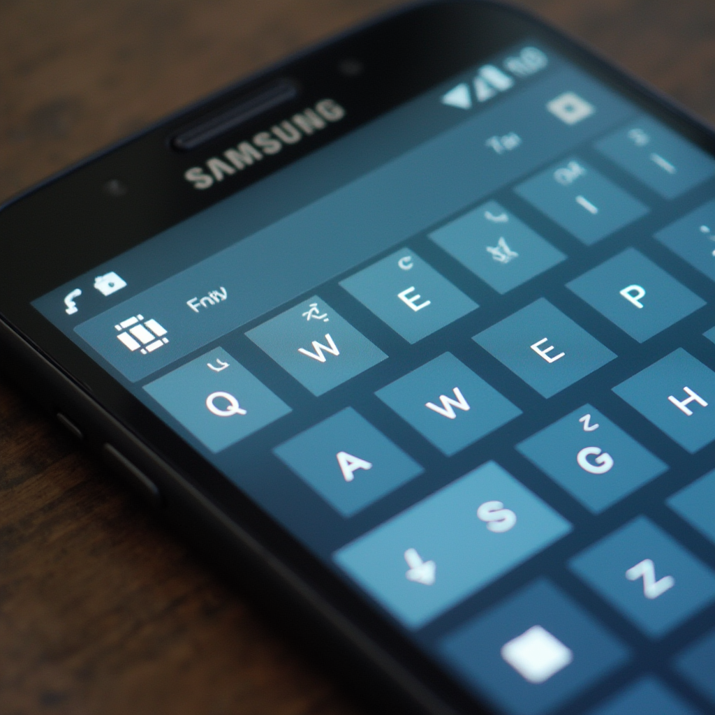 Ekran ustawień klawiatury Samsung z zaznaczonym językiem polskim oraz widocznymi literami z ogonkami; widok z góry, naturalne oświetlenie, ekran otoczony czarną ramką