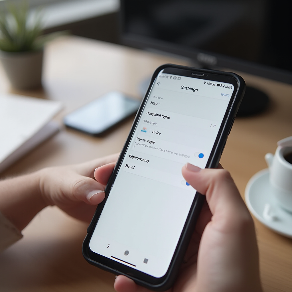 Telefon Samsung trzymany na stole z otwartym oknem ustawień wiadomości; widoczna opcja „Typ wprowadzania”, ustawiona na Unicode; ujęcie lekko z góry, światło dzienne, ekran w centrum