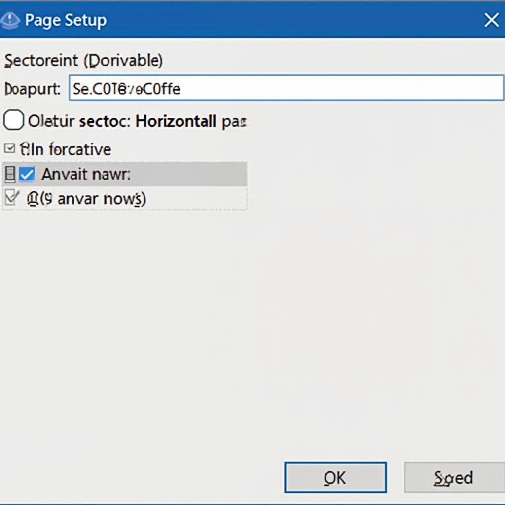 Zrzut ekranu okna dialogowego 'Ustawienia strony' w Wordzie. Widoczna zakładka z wyborem 'Orientacja: Pozioma' oraz rozwijane menu 'Zastosuj do', w którym wybrano 'Ta sekcja'. Kadrowanie na same okno, interfejs programu Word bez innych elementów.