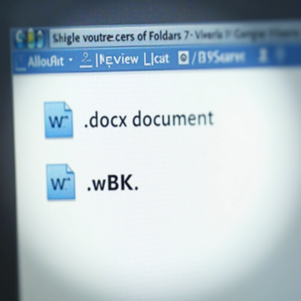 Okno Eksploratora Windows prezentujące folder z plikami dokumentów Word, widoczne rozszerzenia .docx i .wbk, pokazujące równoległe wersje plików roboczych. Kadr poziomy, ostre światło, estetyczne ujęcie folderu roboczego.