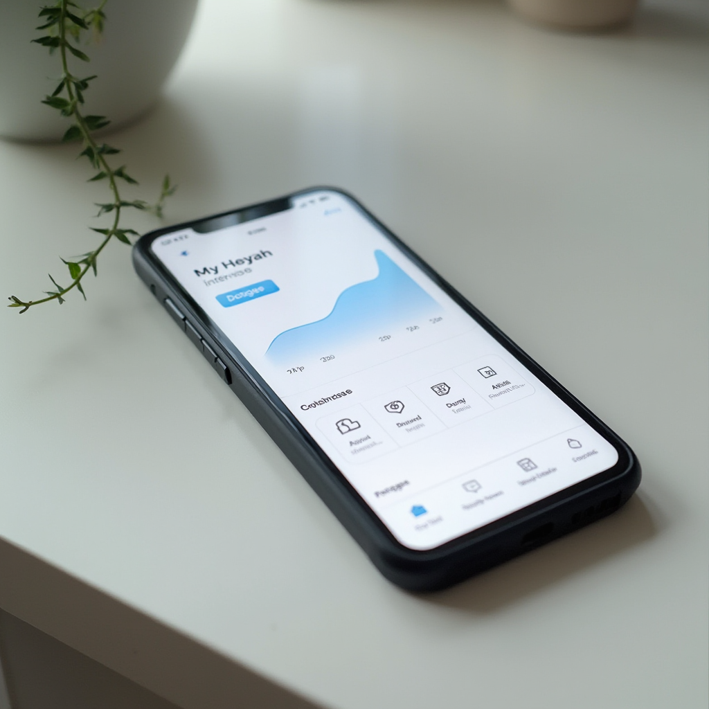 Smartfon na zbliżeniu, prezentujący ekran aplikacji Moja Heyah z wykresem zużycia internetu i ikonami do zarządzania pakietami. Tło jest minimalistyczne, neutralne, dzięki czemu ekran telefonu przyciąga całą uwagę.