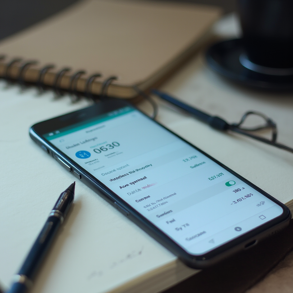 zbliżenie na ekran telefonu przedstawiający ustawienia systemowe i statystyki zużycia danych komórkowych w systemie Android, urządzenie leży na biurku z zeszytem i długopisem, bez ludzi