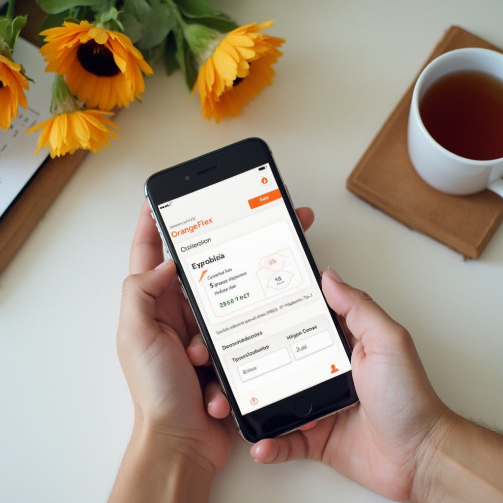 smartfon z aplikacją Orange Flex podczas procesu zmiany planu taryfowego z 45 GB na 80 GB, urządzenie trzymane na czystym biurku z filiżanką herbaty i kwiatową dekoracją, kadr od góry