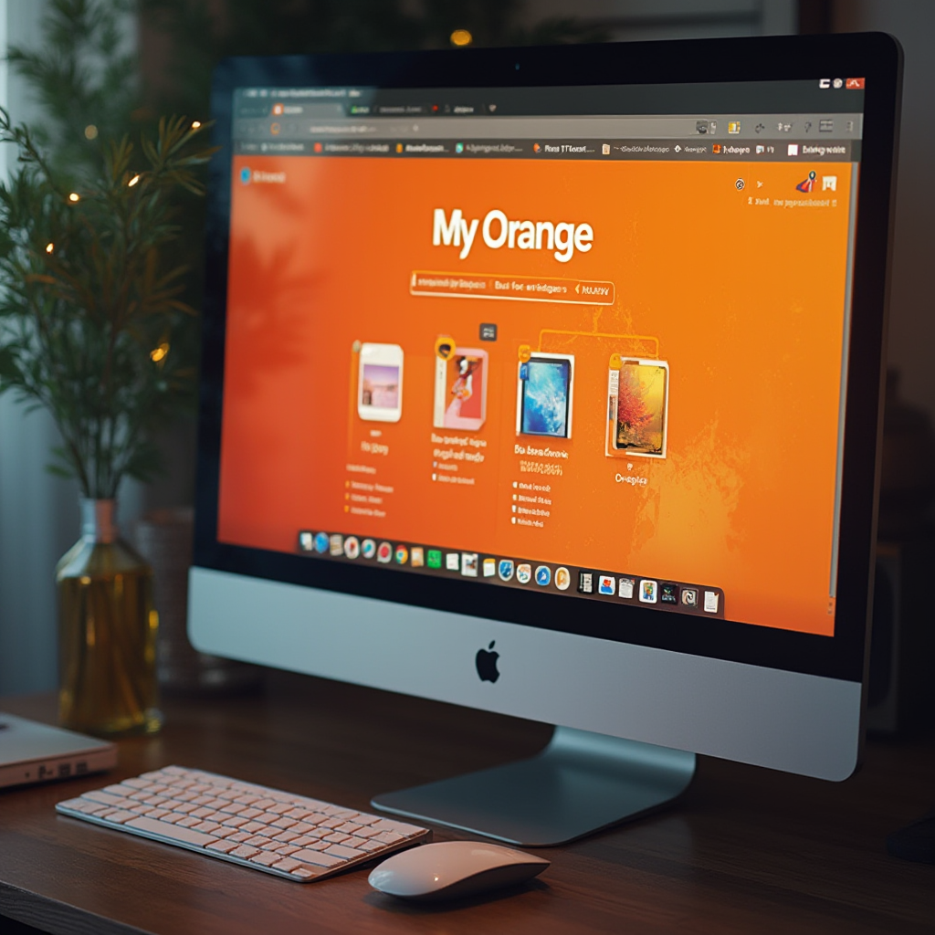 zrzut ekranu komputera ze stroną Mój Orange otwartą w przeglądarce, widoczne sekcje dotyczące pakietów internetu, delikatne światło pokojowe, ujęcie z boku na cały monitor