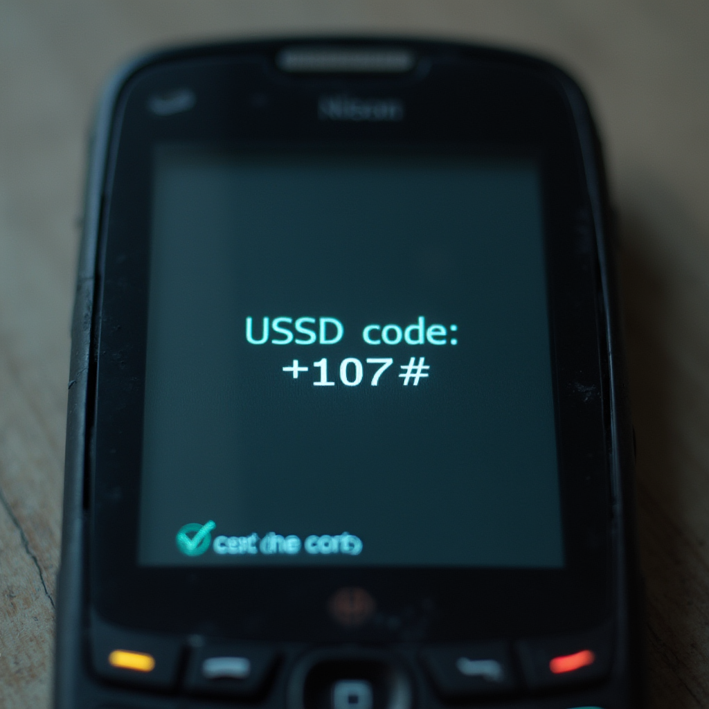 Zbliżenie na ekran starego telefonu z wpisanym kodem USSD *107#, ekran pokazuje komunikat o stanie internetu, neutralne tło, kadr frontalny