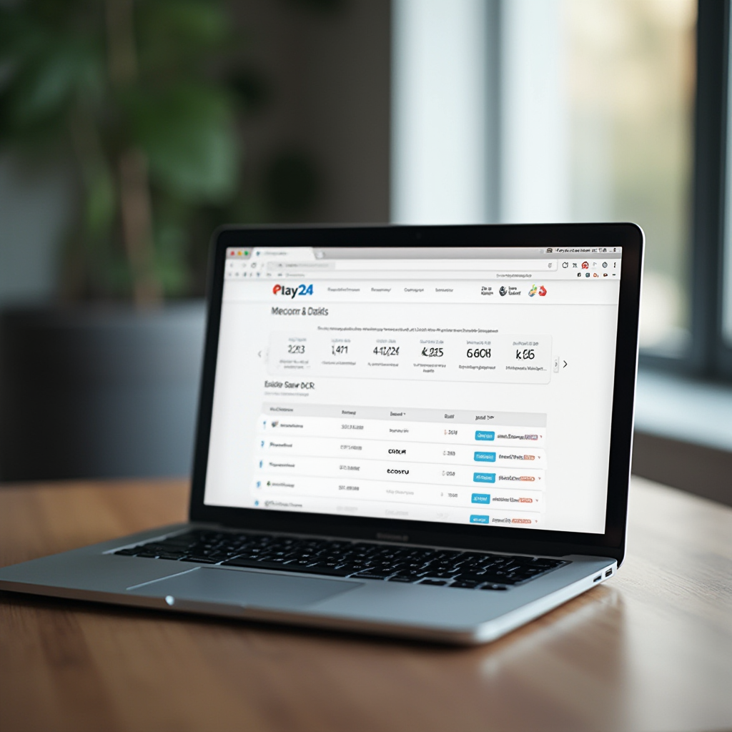 Laptop z otwartą stroną Play24 w przeglądarce internetowej, wyświetlający szczegóły z bilansem danych, widok z boku, dobrze doświetlone pomieszczenie, tło rozmyte