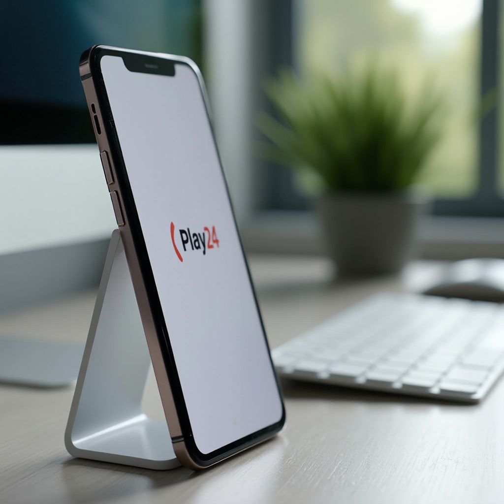 Zbliżenie na ekran smartfona przedstawiający aplikację Play24. W tle minimalistyczne, nowoczesne biurko z myszką, klawiaturą i rośliną doniczkową. Widok z boku, bez ludzi, rąk ani tekstów.