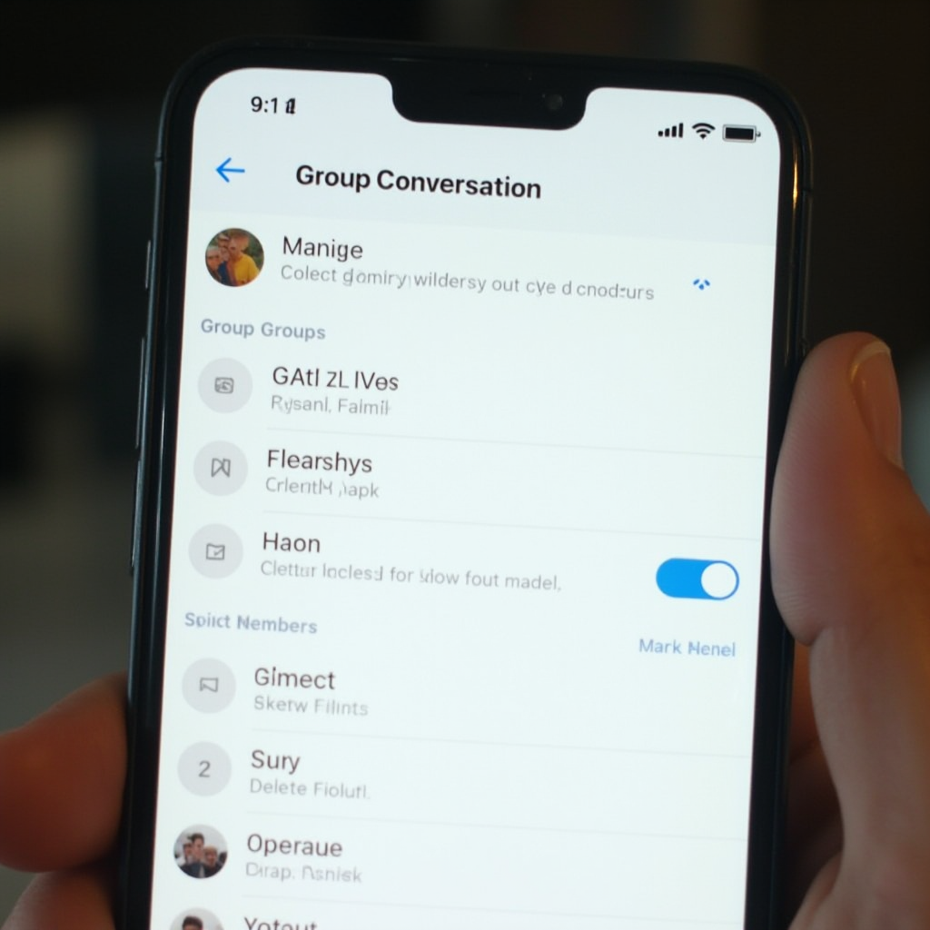 Ekran ustawień konwersacji grupowej w aplikacji Messenger na ekranie telefonu, widoczne są opcje dla członków grupy z przyciskiem usuń, neutralne otoczenie, widok z perspektywy lekko bocznej.