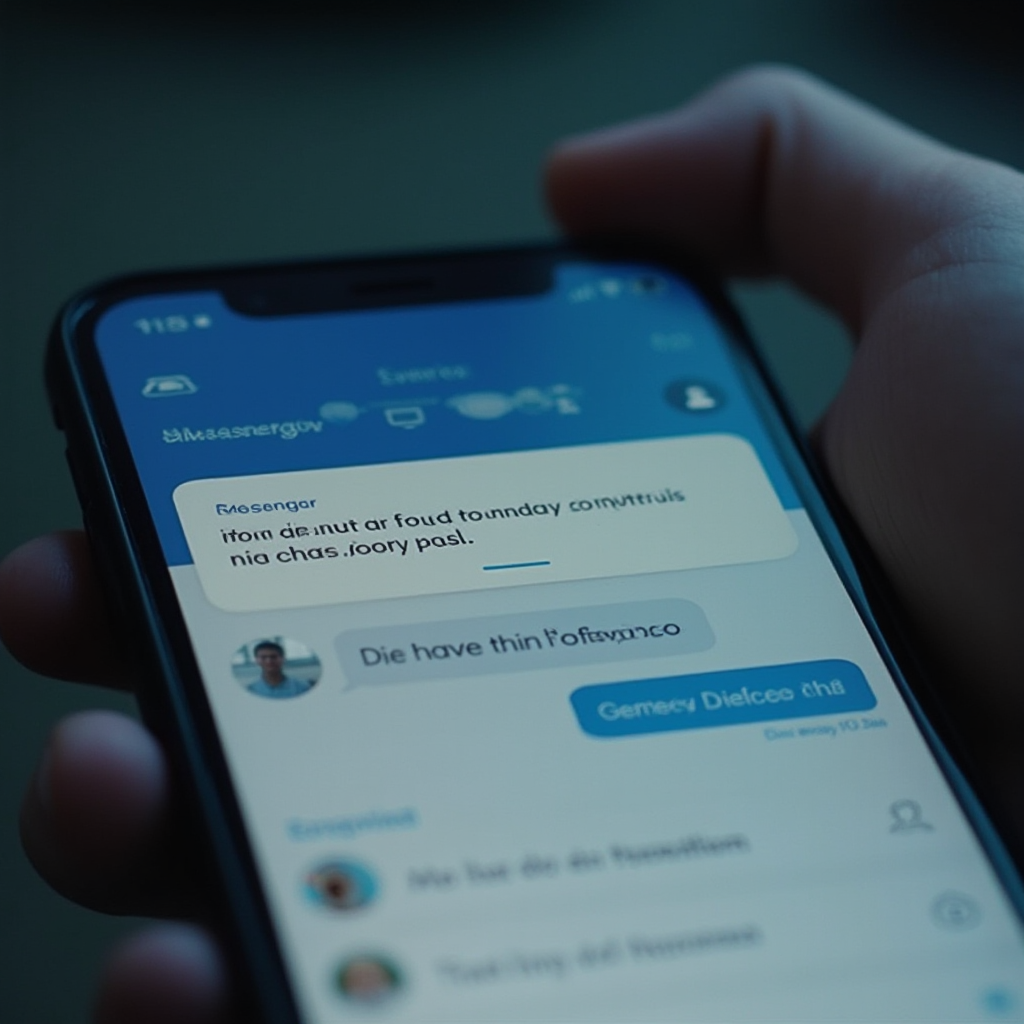 Zbliżenie na ekran smartfona z otwartym komunikatorem Messenger, pokazanym etapem potwierdzenia opuszczenia czatu grupowego, interfejs aplikacji w trybie nocnym, tło neutralne, kadr z lekkiej góry.