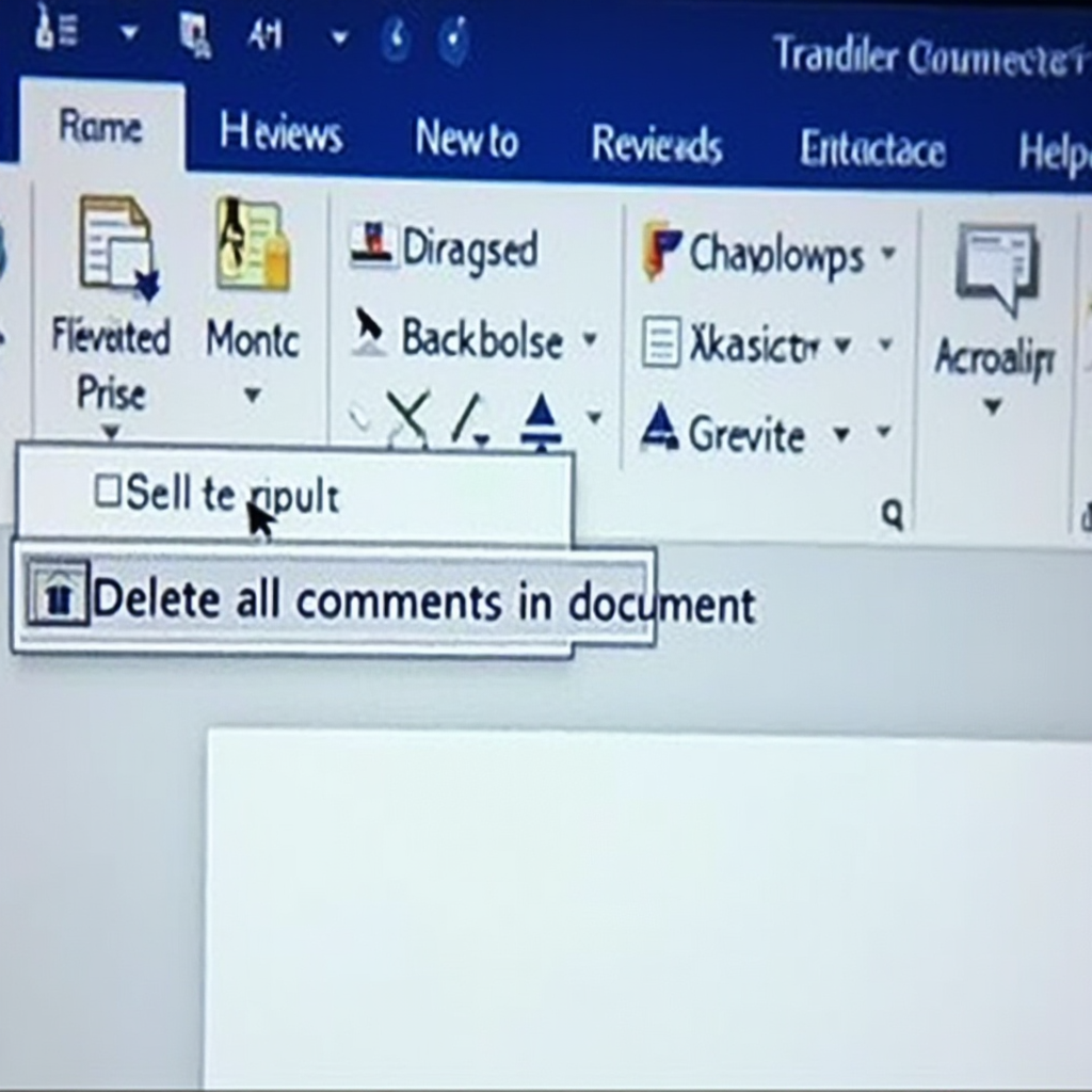 Ekran programu Microsoft Word, na którym widoczna jest aktywna karta 'Recenzja', rozwinięte menu przy przycisku 'Usuń', z widoczną opcją 'Usuń wszystkie komentarze w dokumencie'; kadr poziomy, zbliżenie na interfejs programu, bez ludzi