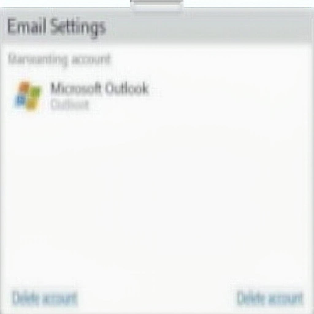 Ekran ustawień konta e-mail na telefonie z Androidem. Widoczne konto Microsoft Outlook i opcja 'Usuń konto' w dolnej części. Tło z prostą, czystą estetyką, bez napisów, ludzi i elementów graficznych.