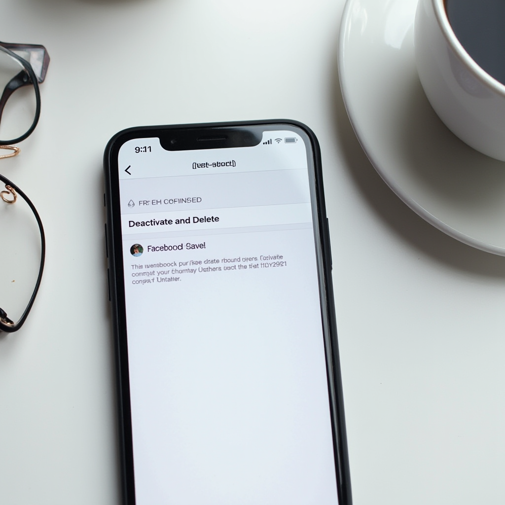 Zbliżenie na smartfon z aplikacją Facebook otwartą w sekcji 'Dezaktywacja i usuwanie'. Telefon leży na białym biurku obok okularów korekcyjnych i kawy. Kadr centralny, dobrze naświetlony.