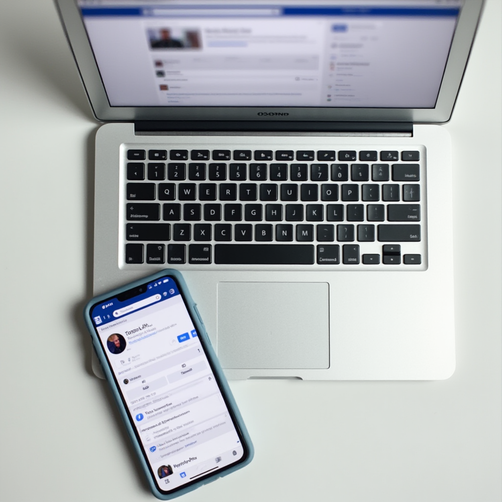 Widok z góry na laptop i telefon leżące obok siebie na biurku. Na laptopie otwarty Facebook w przeglądarce z pokazanym modułem 'Twoje informacje'. Telefon pokazuje tę samą opcję w aplikacji. Kadr centralny, minimalistyczne tło.