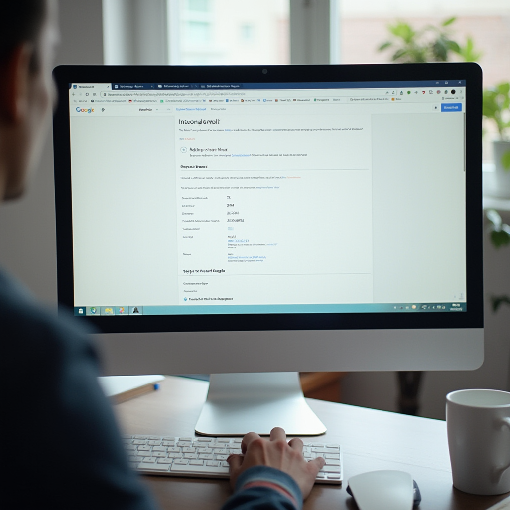 komputerowy monitor wyświetlający stronę zarządzania kontem Google, z wyraźnie widoczną sekcją 'Dane i prywatność', ujęcie boczne bez ludzi, na biurku tylko klawiatura i kubek