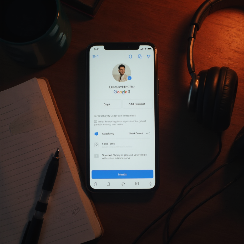 telefon komórkowy położony na biurku, ekran przedstawia proces usuwania konta Google, widok z góry, dookoła telefon leżą słuchawki i otwarty notatnik, scena oświetlona ciepłym światłem