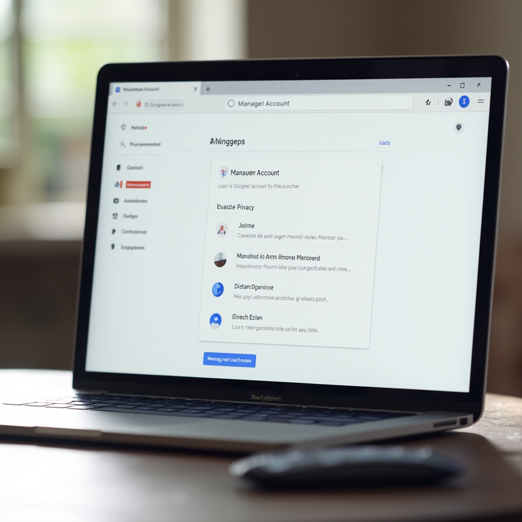Laptop na biurku pokazujący stronę Google z sekcją 'Zarządzanie kontem', dokładnie ekran z zakładką Dane i prywatność. Kadr z lotu ptaka, bez ludzi i rąk, jasne otoczenie.