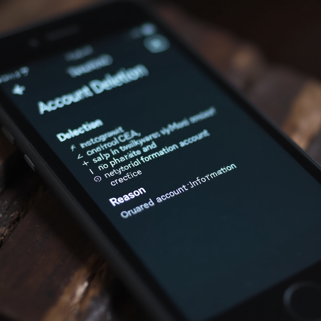 Zbliżenie na ekran smartfona z otwartą stroną Instagram w trybie usuwania konta, ekran w ciemnym motywie, wyraźnie widoczna sekcja z wybranym powodem usunięcia konta, brak widocznych danych osobowych