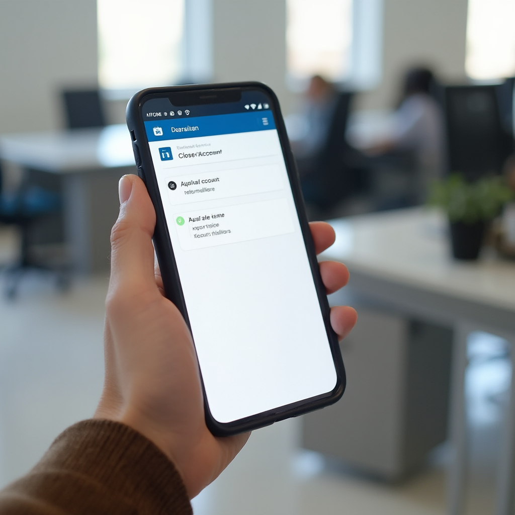 smartfon trzymany poziomo, ekran aplikacji LinkedIn pokazujący zakładkę zarządzania kontem i aktywną opcję 'Zamknij konto', neutralne tło biura, światło dzienne, kadr z boku