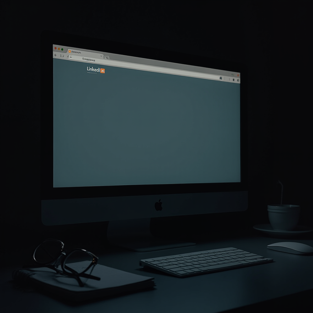 ciemny ekran monitora z zamkniętą stroną LinkedIna, obok okulary i notatnik, wieczorne światło, kadr z boku, minimalizm i pustka symbolizująca zamknięcie