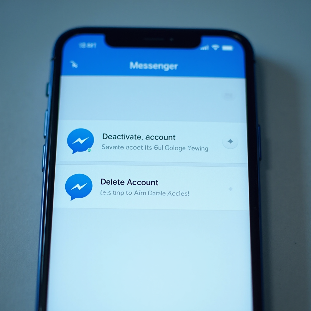 Zbliżenie na ekran iPhone’a z wyświetlonym oknem dialogowym z opcjami 'Dezaktywuj konto' i 'Usuń konto' w aplikacji Messenger, niebiesko-białe kolory, ujęcie z boku