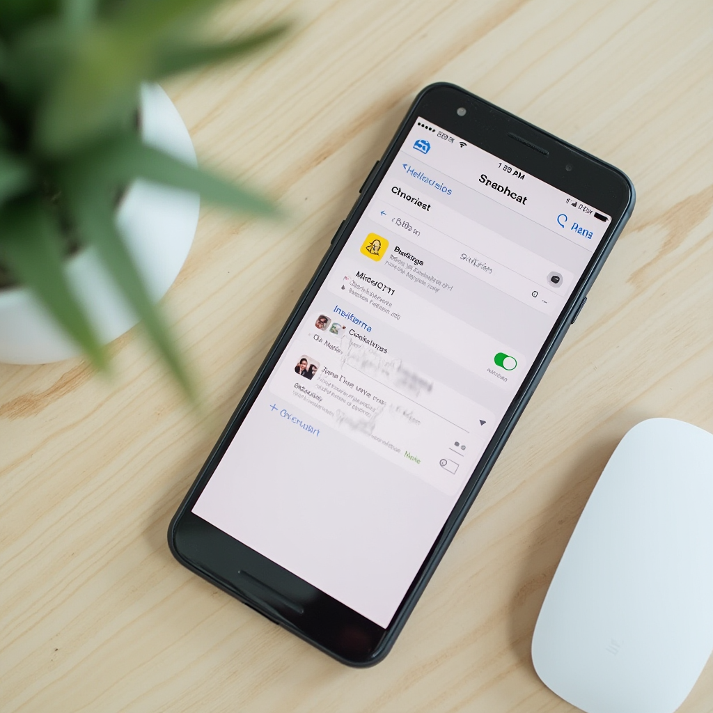 Widok interfejsu aplikacji Snapchat w trybie ustawień konta, kadr z otwartą sekcją 'Wsparcie' widoczną na ekranie smartfona, telefon położony na jasnym drewnianym stole, ujęcie z góry