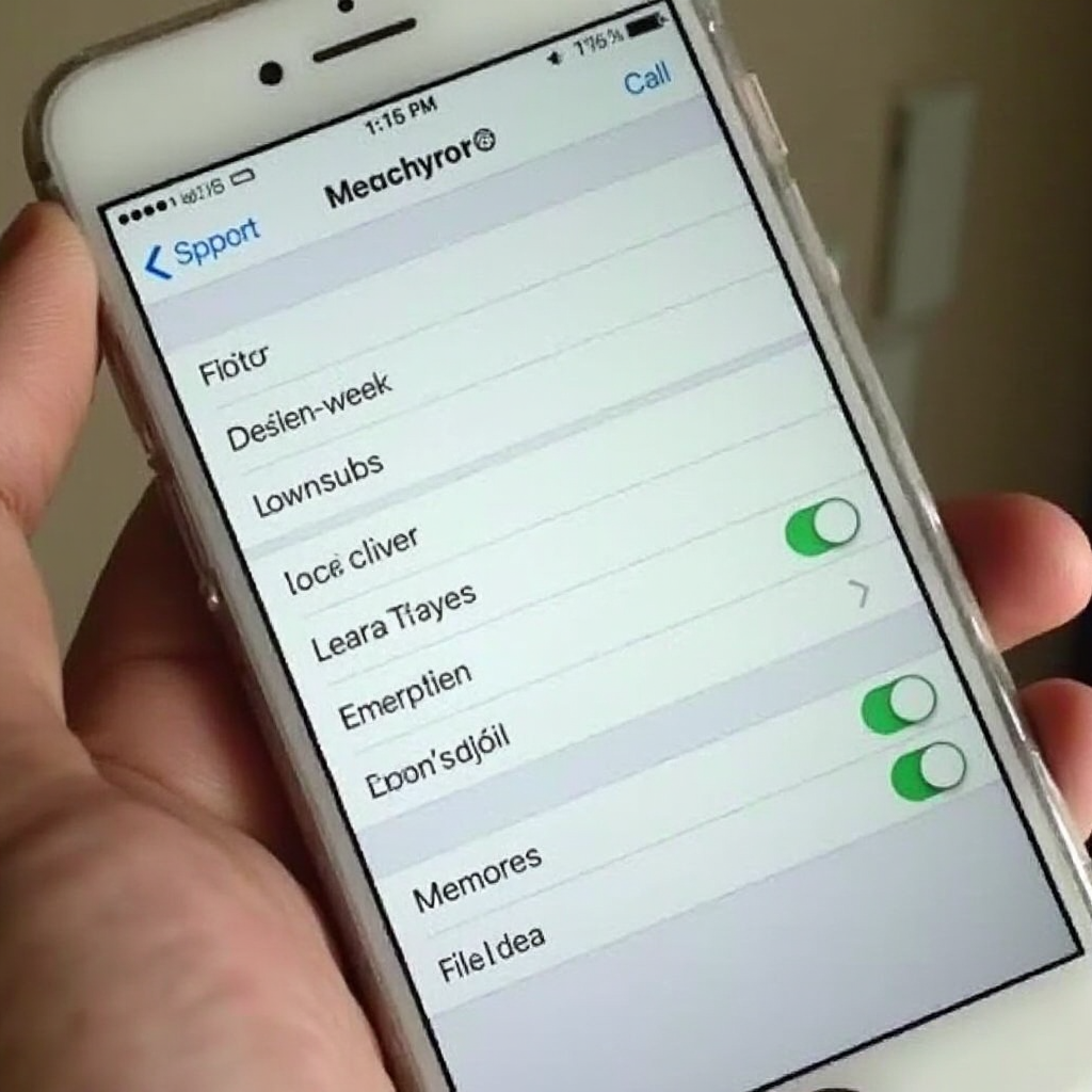 Zrzut ekranu ustawień Memories w aplikacji Snapchat, z widocznymi opcjami zapisu i eksportowania treści, kadr poziomy z lekkim ukosem pod kątem 45 stopni, ekran wyraźnie oświetlony, tło rozmyte
