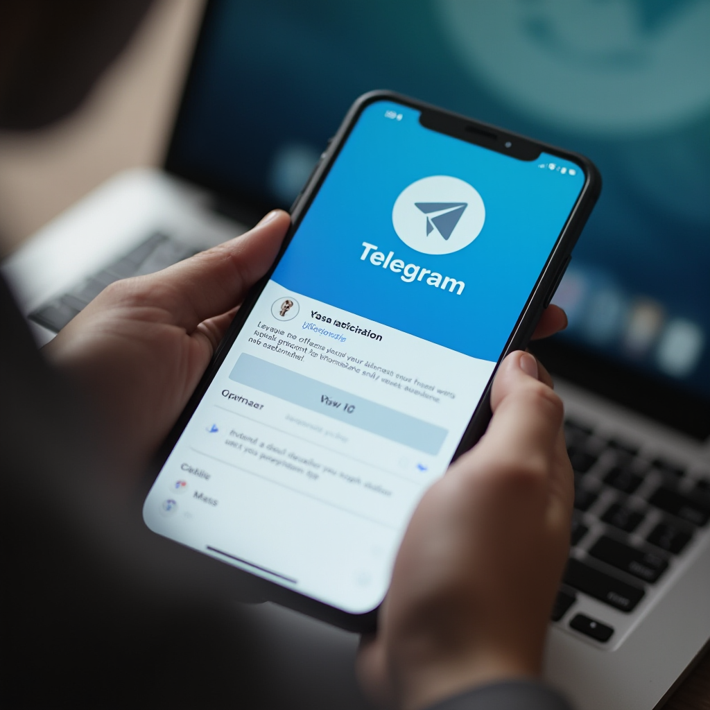 Widok osoby siedzącej przy biurku, zbliżenie na telefon trzymany nad klawiaturą laptopa, na ekranie widoczna strona dezaktywacji konta Telegrama, brak twarzy, neutralne tło