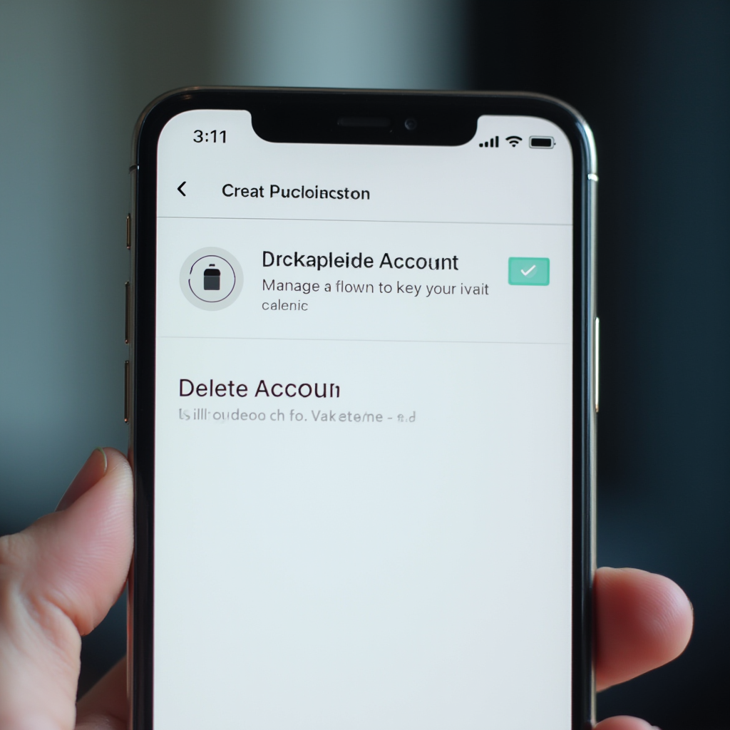 Ekran aplikacji z menu 'Zarządzanie kontem' i zaznaczoną opcją 'Usuń konto'; jasny interfejs użytkownika, rozmyte tło, detaliczny widok telefonu z przodu bez ludzi