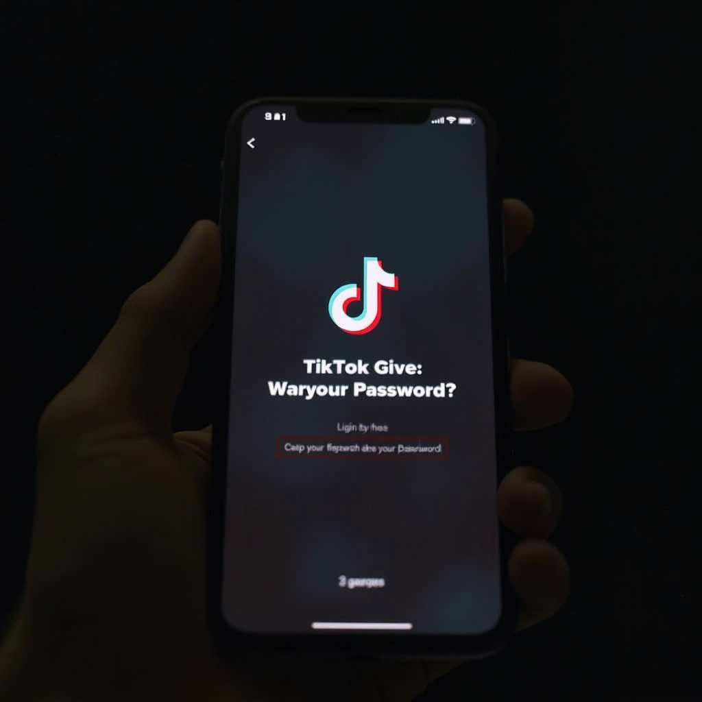 Zrzut ekranu z aplikacji TikTok, ekran logowania z wyróżnioną opcją 'Nie pamiętasz hasła?'; ujęcie z przodu, neutralne ciemne tło, telefon widoczny na całym ekranie