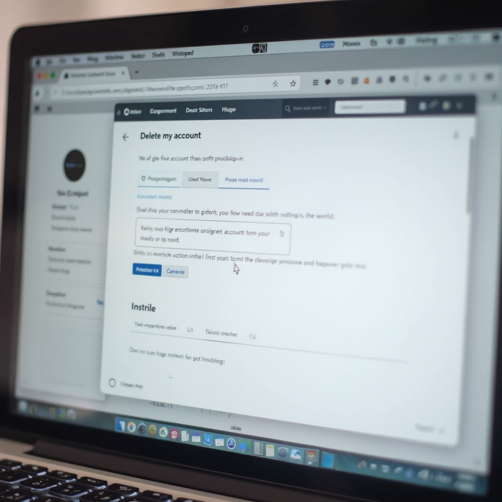 Interfejs przeglądarki internetowej pokazujący ustawienia konta Vinted z podświetloną opcją 'Usuń moje konto'. Ekran laptopa widoczny w kadrze z przodu, neutralne tło bez widocznych osób.
