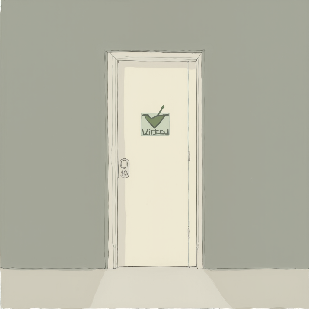 Ilustracja koncepcyjna przedstawiająca zamknięte drzwi cyfrowe z ikoną Vinted na nich, styl minimalistyczny, neutralne kolory, centralny kadr, bez obecności postaci ani tekstu.