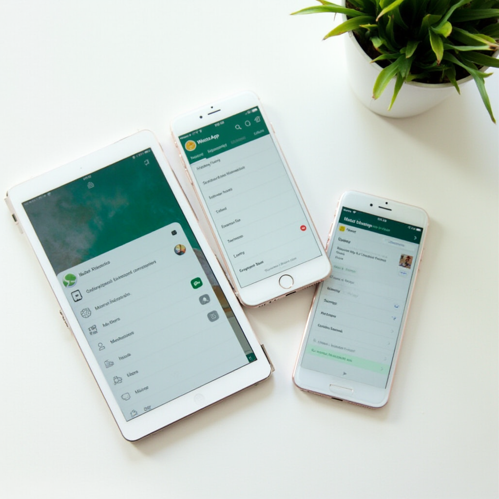 Tablet i smartfon leżące na białym biurku, oba urządzenia pokazują menu kopii zapasowych WhatsApp. Kadr z góry, minimalistyczne tło, brak postaci i rąk. Jasne światło naturalne.