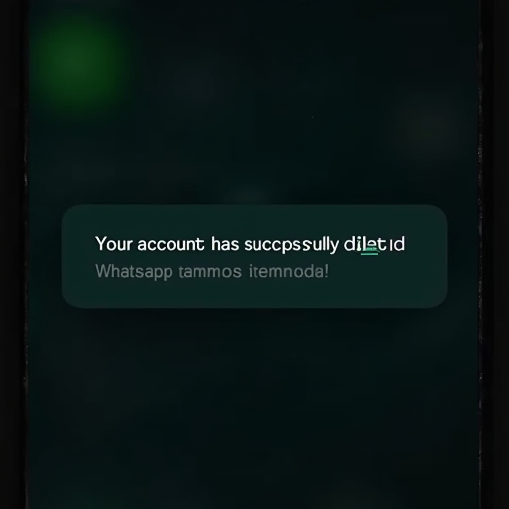 Interfejs aplikacji WhatsApp w trybie ciemnym, ekran pokazuje komunikat: 'Twoje konto zostało pomyślnie usunięte'. Ujęcie bliskie, centralny kadr, ciemne tło z zielonymi elementami.