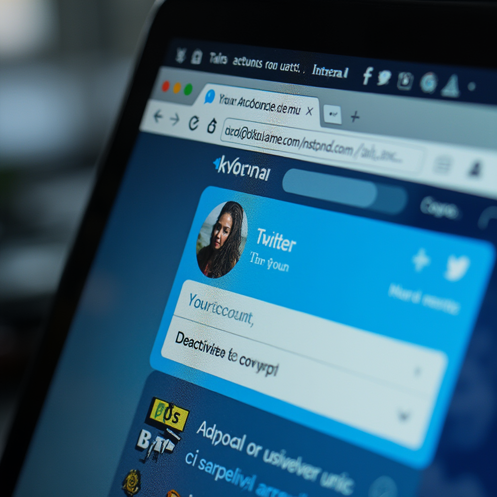 Zbliżenie na ekran komputera z otwartą przeglądarką X Twitter, widoczna zakładka 'Twoje konto' oraz opcja 'Dezaktywuj konto', realistyczne tło biurka z kubkiem, ujęcie z delikatnym oddaleniem