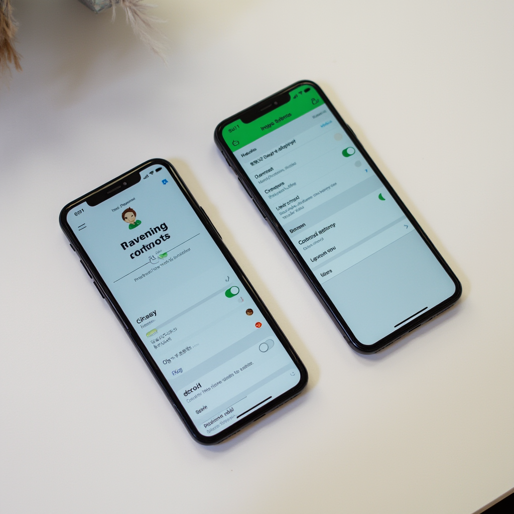 Stół z rozłożonymi dwoma telefonami – jeden z iOS, drugi z Androidem. Na ekranach widoczne są ustawienia kontroli rodzicielskiej. Neutralne oświetlenie, widok z góry, brak ludzi.