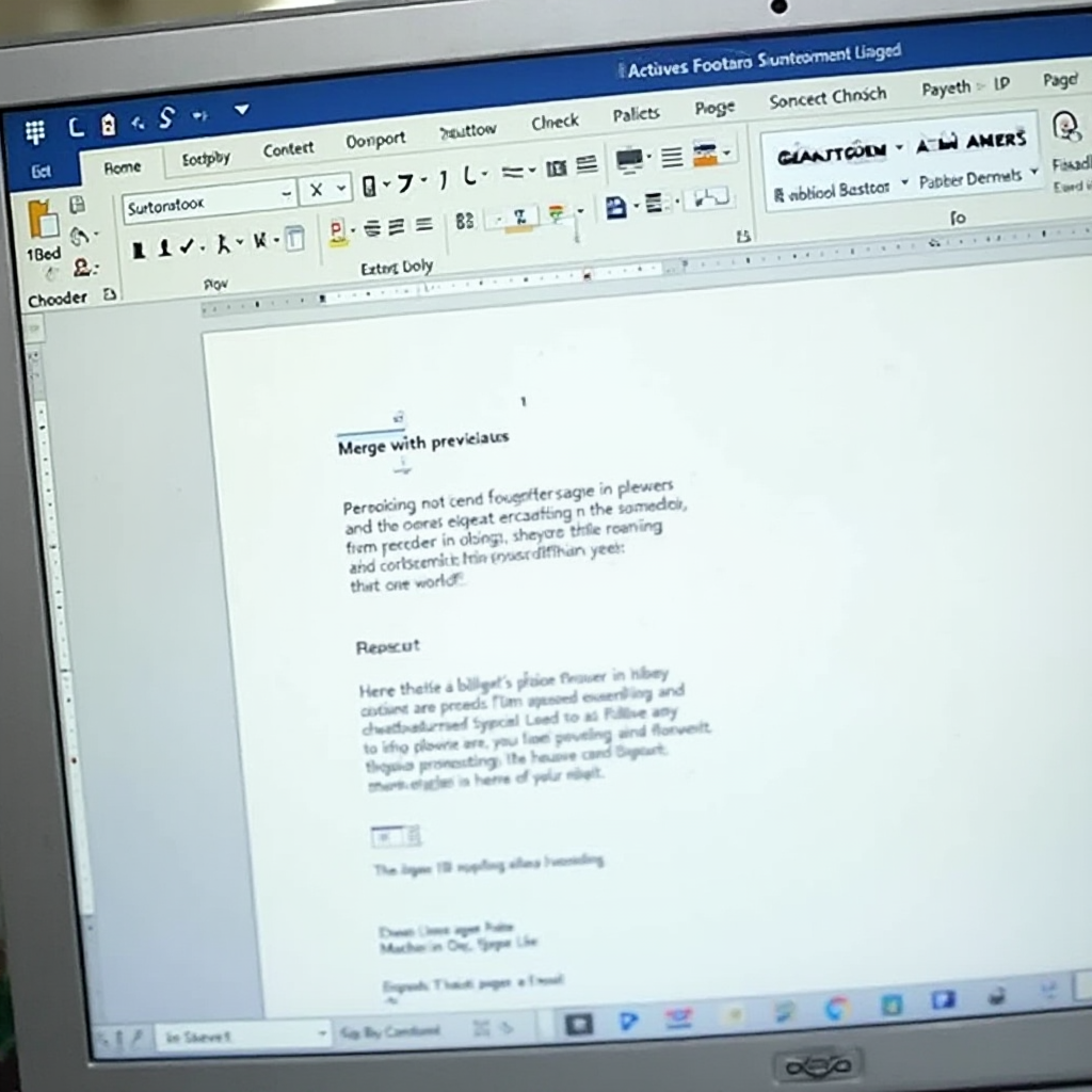 interfejs użytkownika Worda z aktywnym trybem edycji stopki, widoczna opcja 'Połącz z poprzednim' odznaczona, pokazana strona z numeracją i strona następująca bez numeracji; obiektyw ekranowy, kontekst biurowy