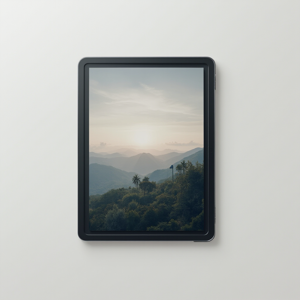 widok z góry na tablet z włączoną aplikacją do usuwania znaków wodnych, zdjęcie krajobrazu w edytorze z widocznym efektem wymazania tekstu, minimalistyczne tło i ekran – żadnych rąk, tylko urządzenie