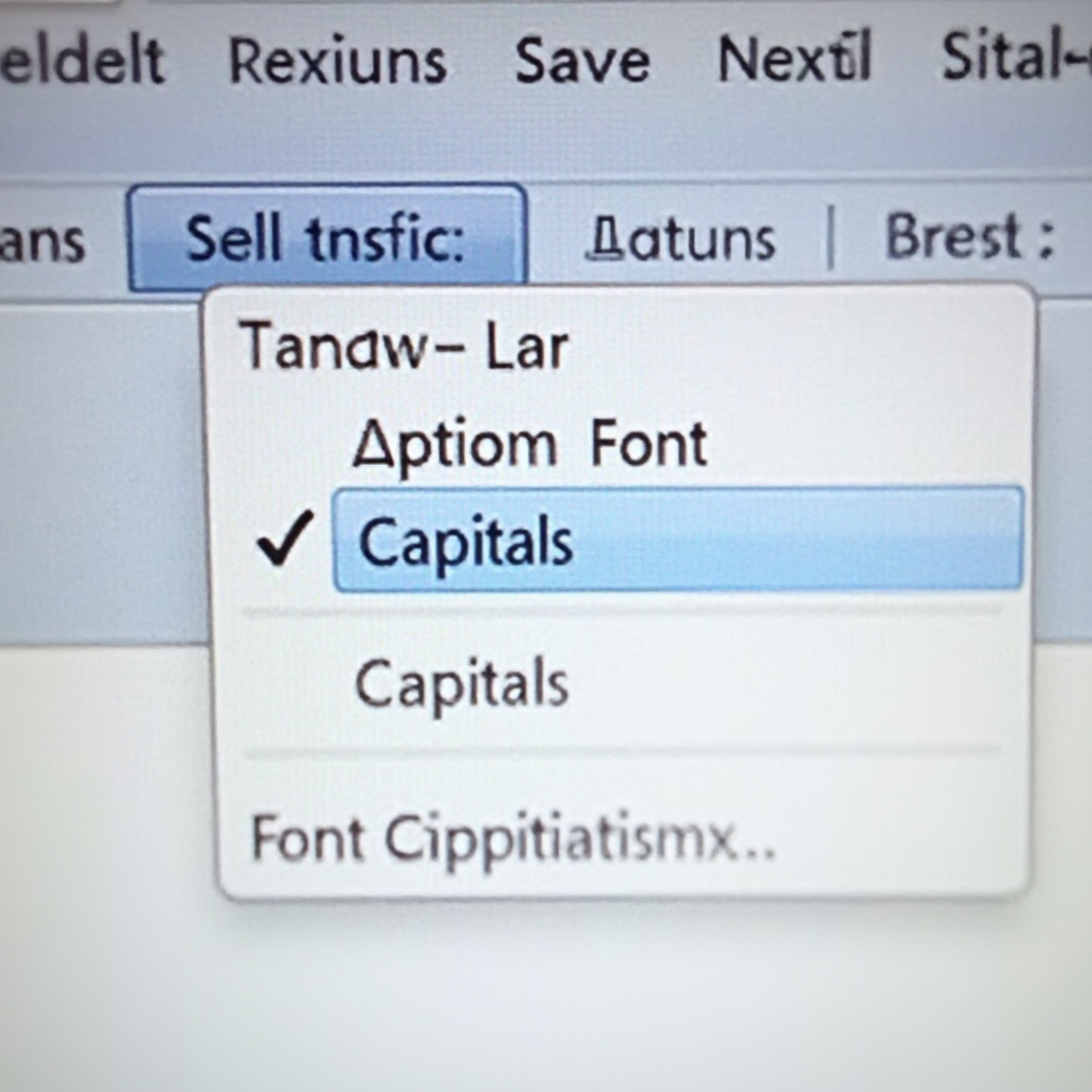 Zbliżenie na okno dialogowe 'Czcionka' w Microsoft Word z widoczną zaznaczoną opcją 'Kapitaliki', interfejs bez ludzi i dodatkowych tekstów, neutralne tło