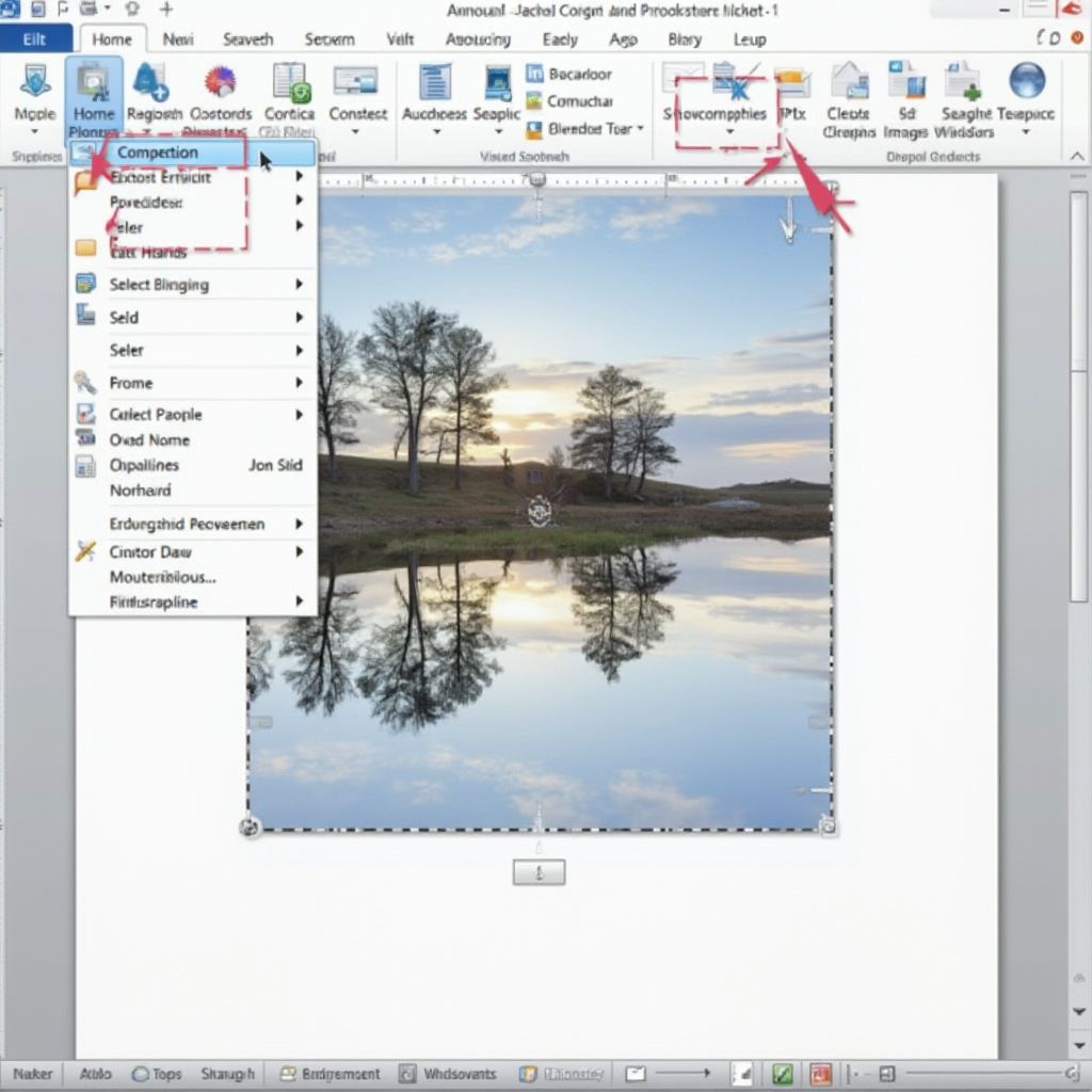 Dokument Word z wstawionym zdjęciem, zaznaczonym i odbitym w poziomie, widoczne menu kontekstowe optymalizacji obrazu, ekran prezentujący szczegółową kontrolę nad grafiką, brak ludzi i infografik