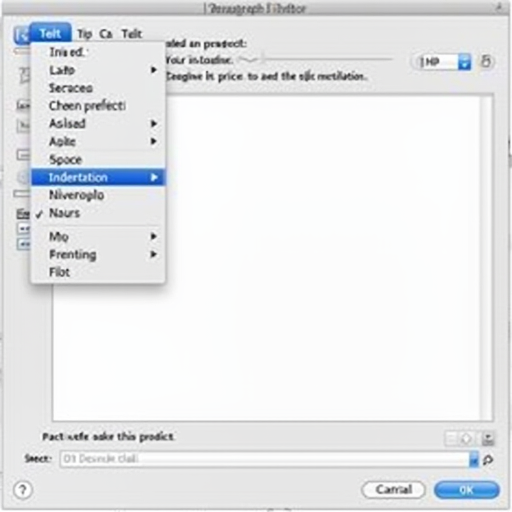 Zrzut ekranu edytora Word z otwartym menu formatowania akapitu, widoczne ustawienia: interlinia, odstęp przed i po, wcięcia, podgląd efektu zastosowania ustawień, kadr centralny na okno dialogowe