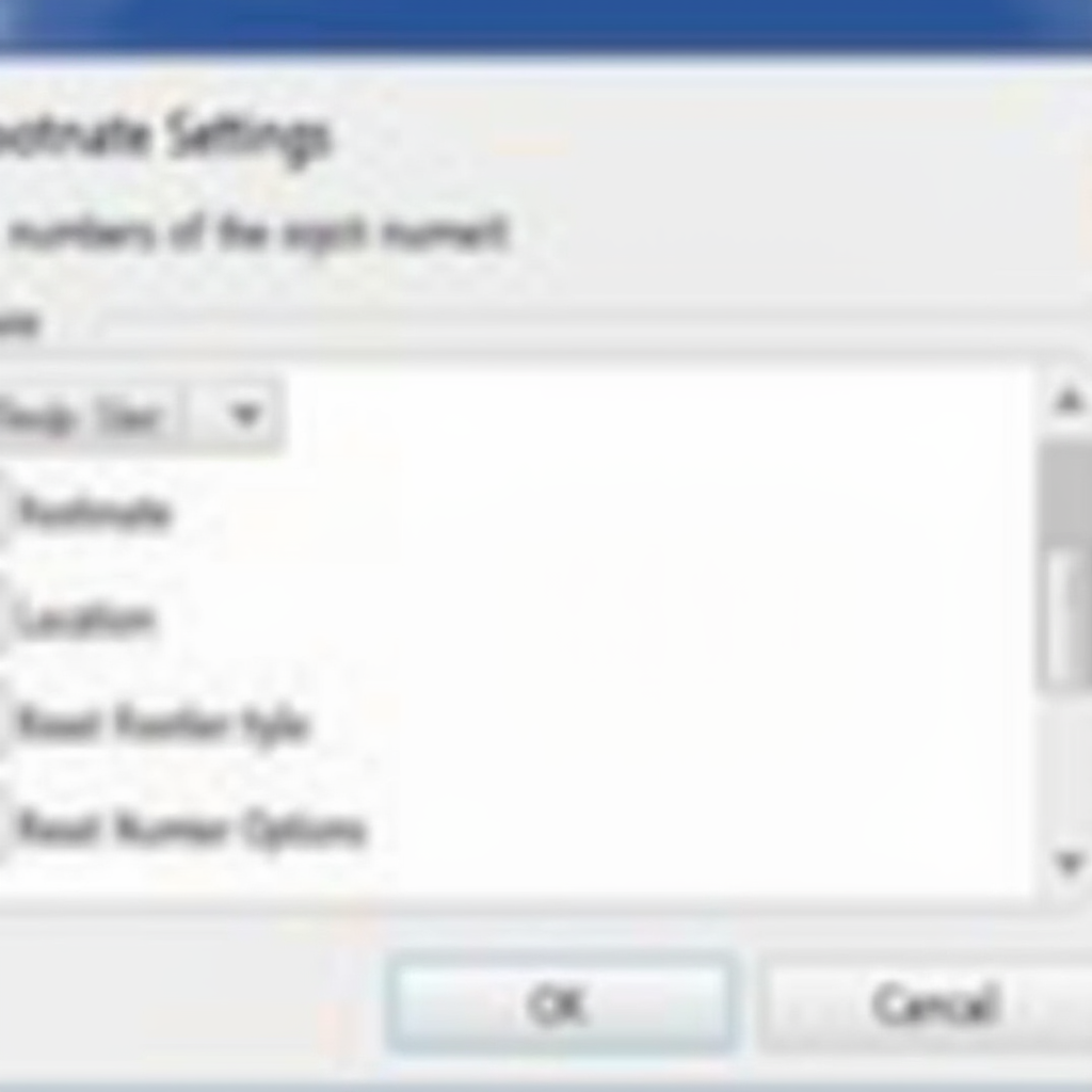 Zbliżony kadr okna ustawień przypisów w Microsoft Word. Pokazane są pola wyboru dla stylu numeracji, lokalizacji przypisów i opcji resetowania numeracji. Zrzut dotyczy tylko okna dialogowego w centrum ekranu.