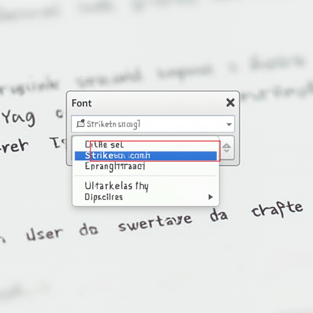 Zbliżenie na okno dialogowe 'Czcionka' programu Word, w którym zaznaczone są opcje formatowania przekreślenia i przekreślenia podwójnego. Kadr centralny, bez ludzi i zbędnych elementów, widoczne efekty formatowania.